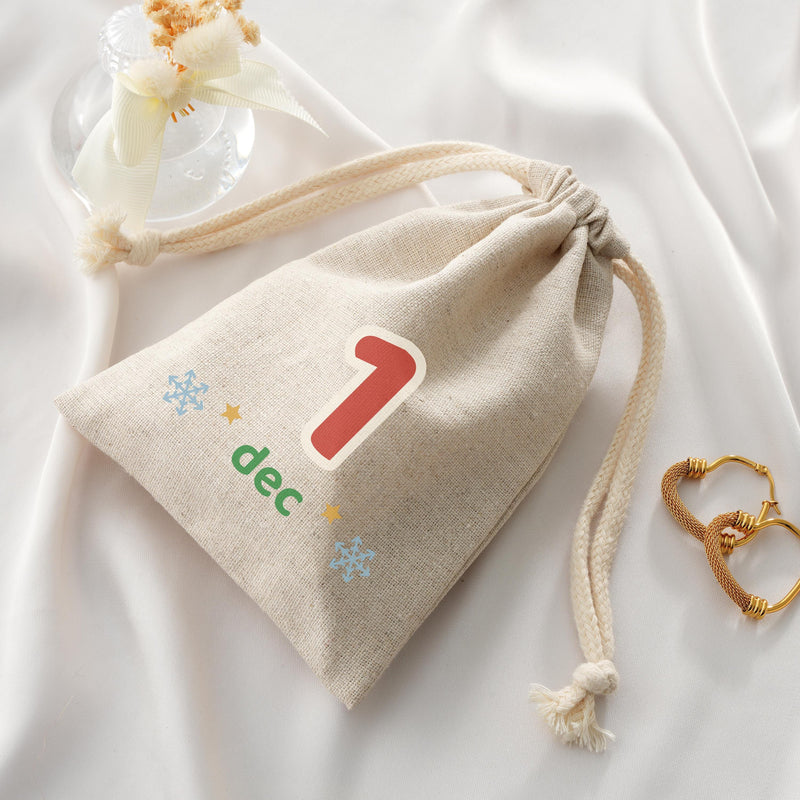 Linen Advent Calendar Bags Set of 24 for Kids, Reusable Christmas Countdown Drawstring Pouches, Custom Logo