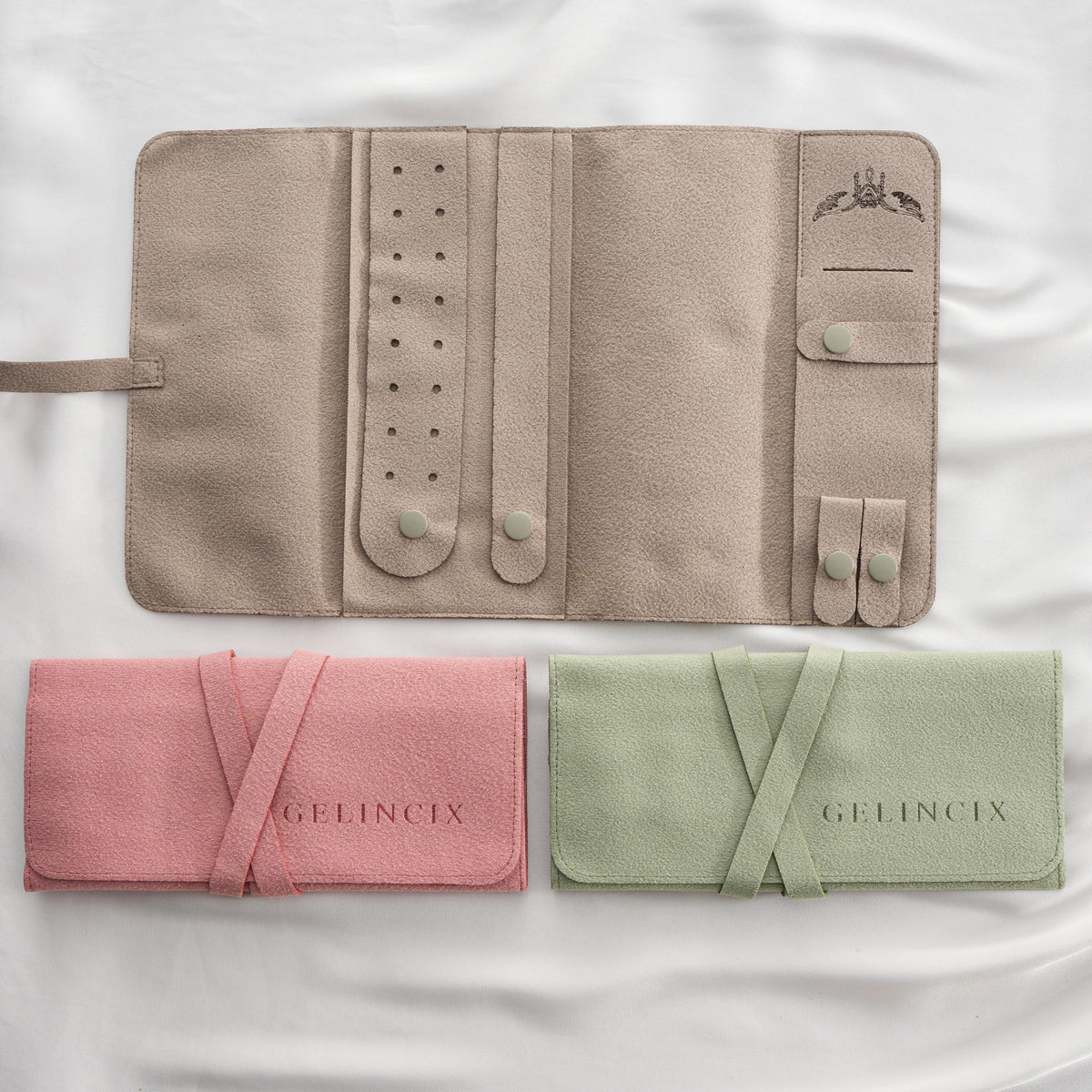 10pcs Large Jewelry Travel Rolls 28x18cm, Beige Vegan Suede Organizers Wholesale, Gift Shop Supply