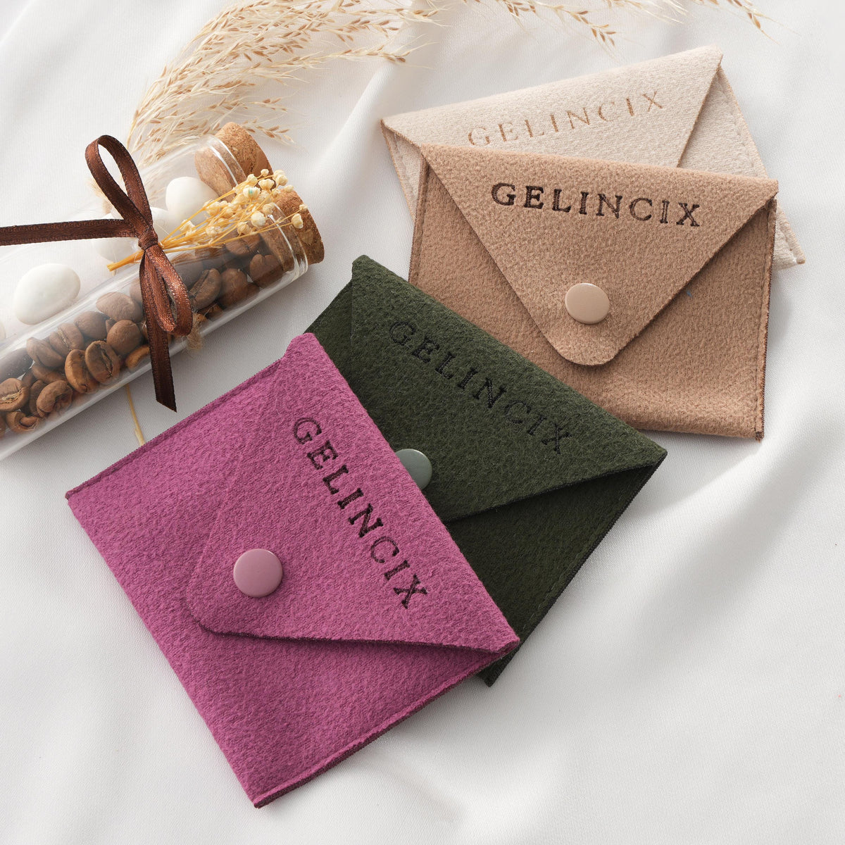 50pcs Envelope Jewelry Pouches Bulk, Vegan Suede Flap Bags for Necklace Ring, Minimalist Brand Packaging
