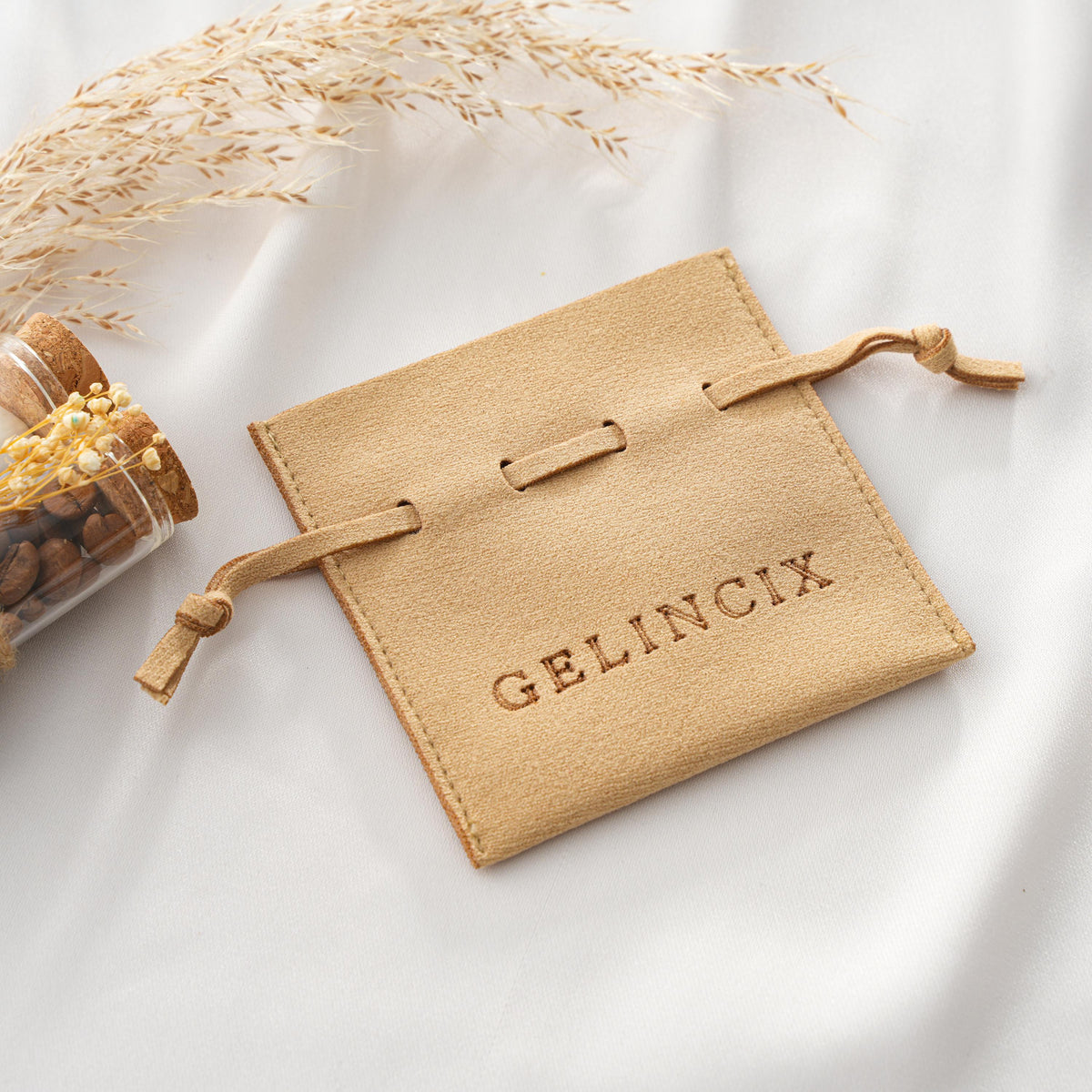 Client Gift Bags with Custom Logo, Set of 50 Vegan Suede Pouches 8x8cm, Corporate Gift Packaging for Brands