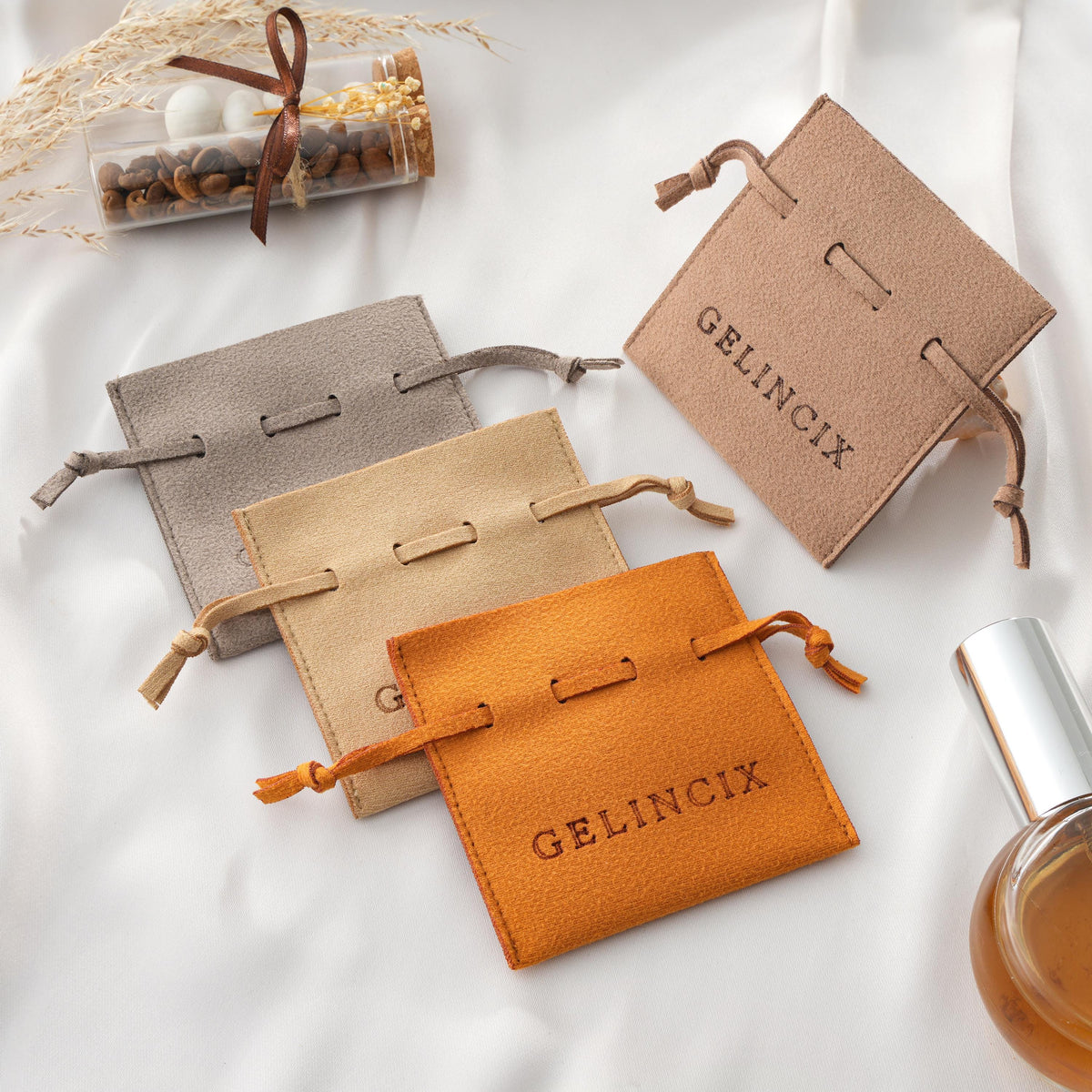 Client Gift Bags with Custom Logo, Set of 50 Vegan Suede Pouches 8x8cm, Corporate Gift Packaging for Brands