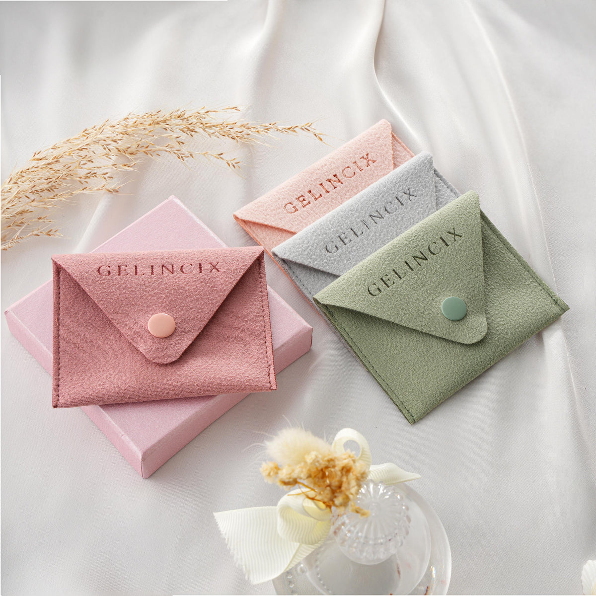 50pcs Envelope Jewelry Pouches Bulk, Vegan Suede Flap Bags for Necklace Ring, Minimalist Brand Packaging