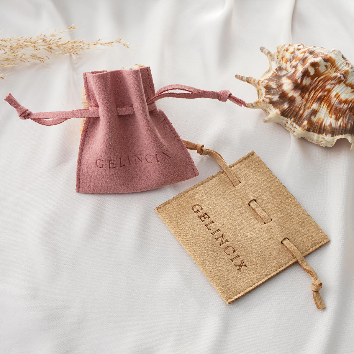 Client Gift Bags with Custom Logo, Set of 50 Vegan Suede Pouches 8x8cm, Corporate Gift Packaging for Brands