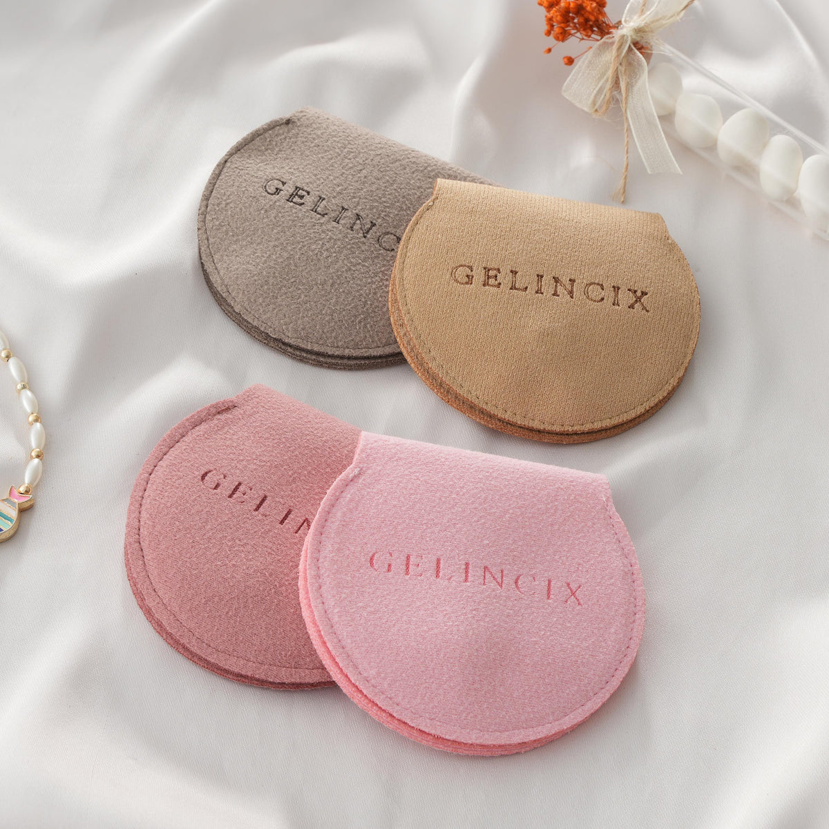 Round Suede Jewelry Pouches with Snap Closure, Set of 50 Custom Logo Packaging for Small Business, 8x7.5cm