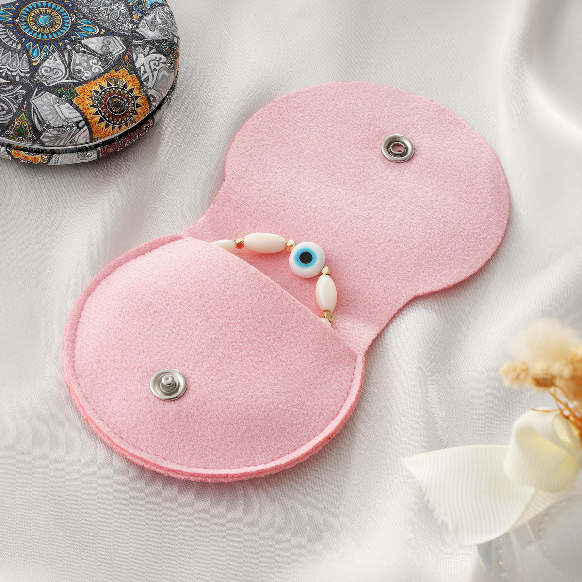 50pcs Round Jewelry Pouches Bulk, Vegan Suede Snap Cases with Custom Logo, Wholesale Boutique Packaging
