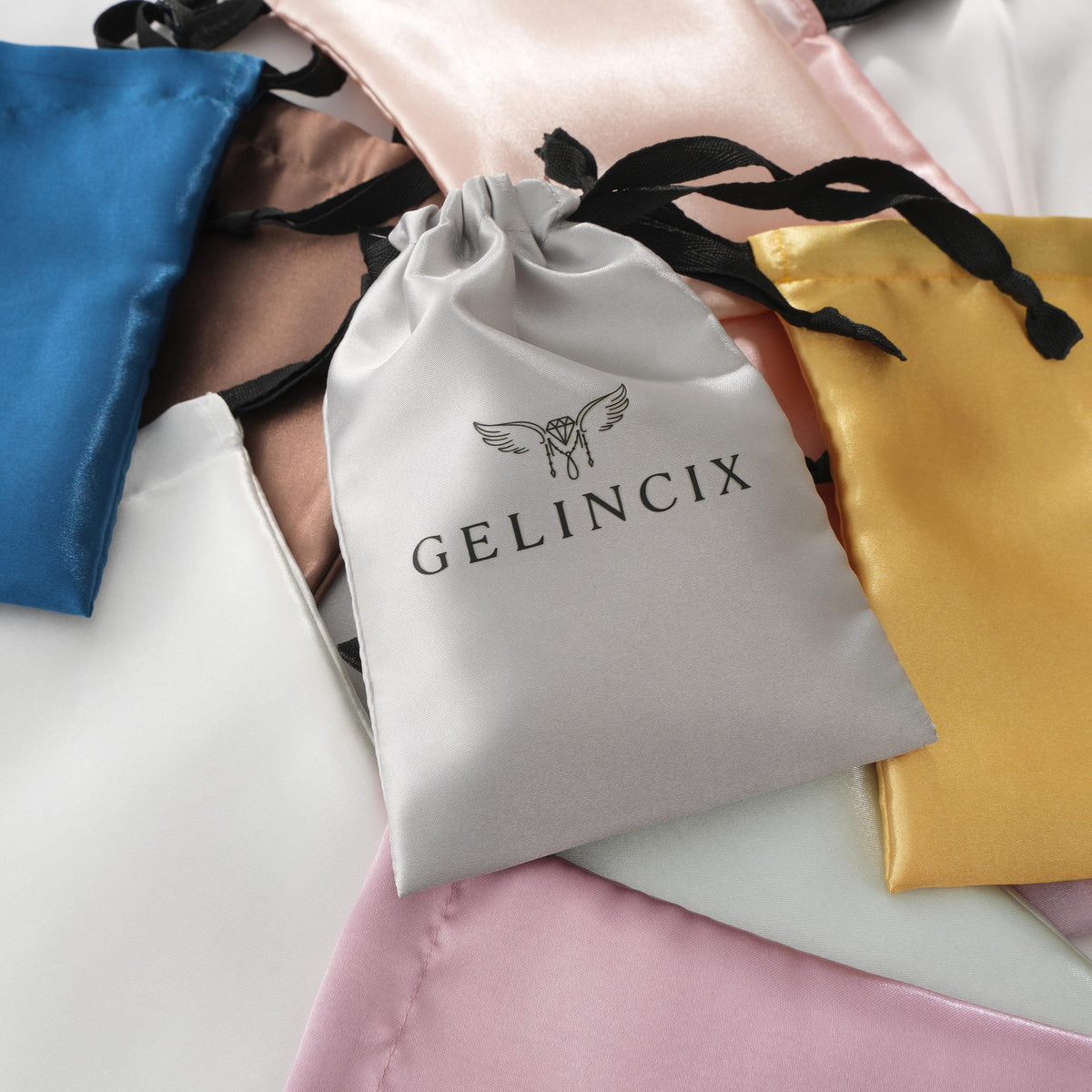 50pcs Satin Ribbon Tie Jewelry Pouches, Custom Logo Gift Packaging Bags, Elegant Small Business Supplies