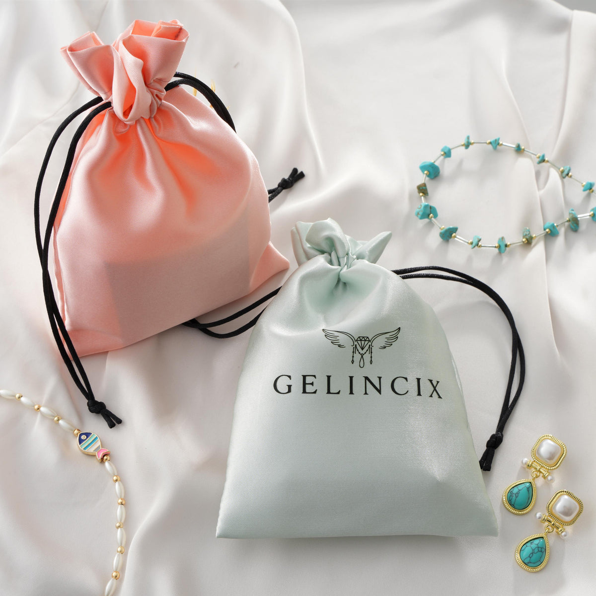 50pcs Satin Wedding Favor Bags, Personalized Logo Drawstring Pouches, Bridal Shower Gift Bags Bulk