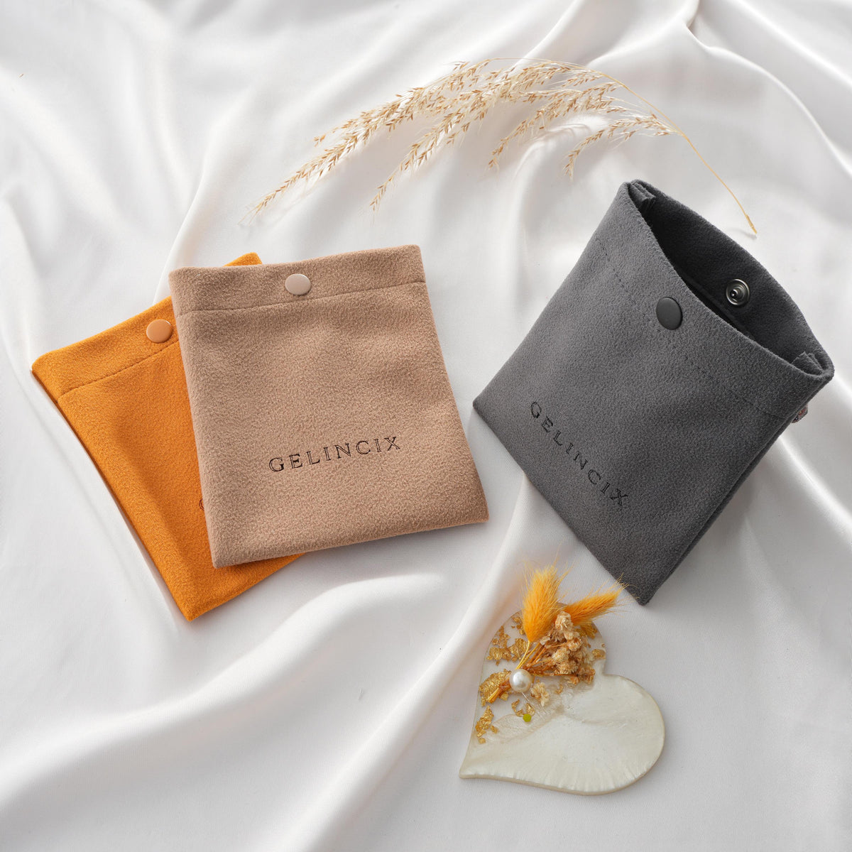 50pcs Snap Closure Jewelry Pouch with Logo Print, Vegan Suede Button Bag, Wholesale Boutique Packaging