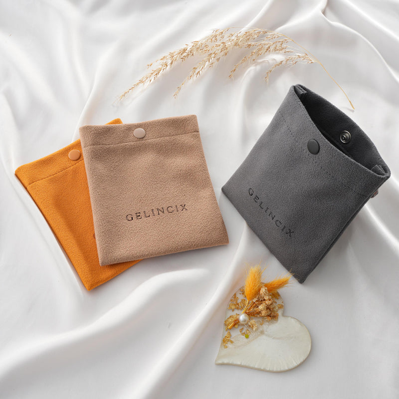 50pcs Snap Closure Jewelry Pouch with Logo Print, Vegan Suede Button Bag, Wholesale Boutique Packaging