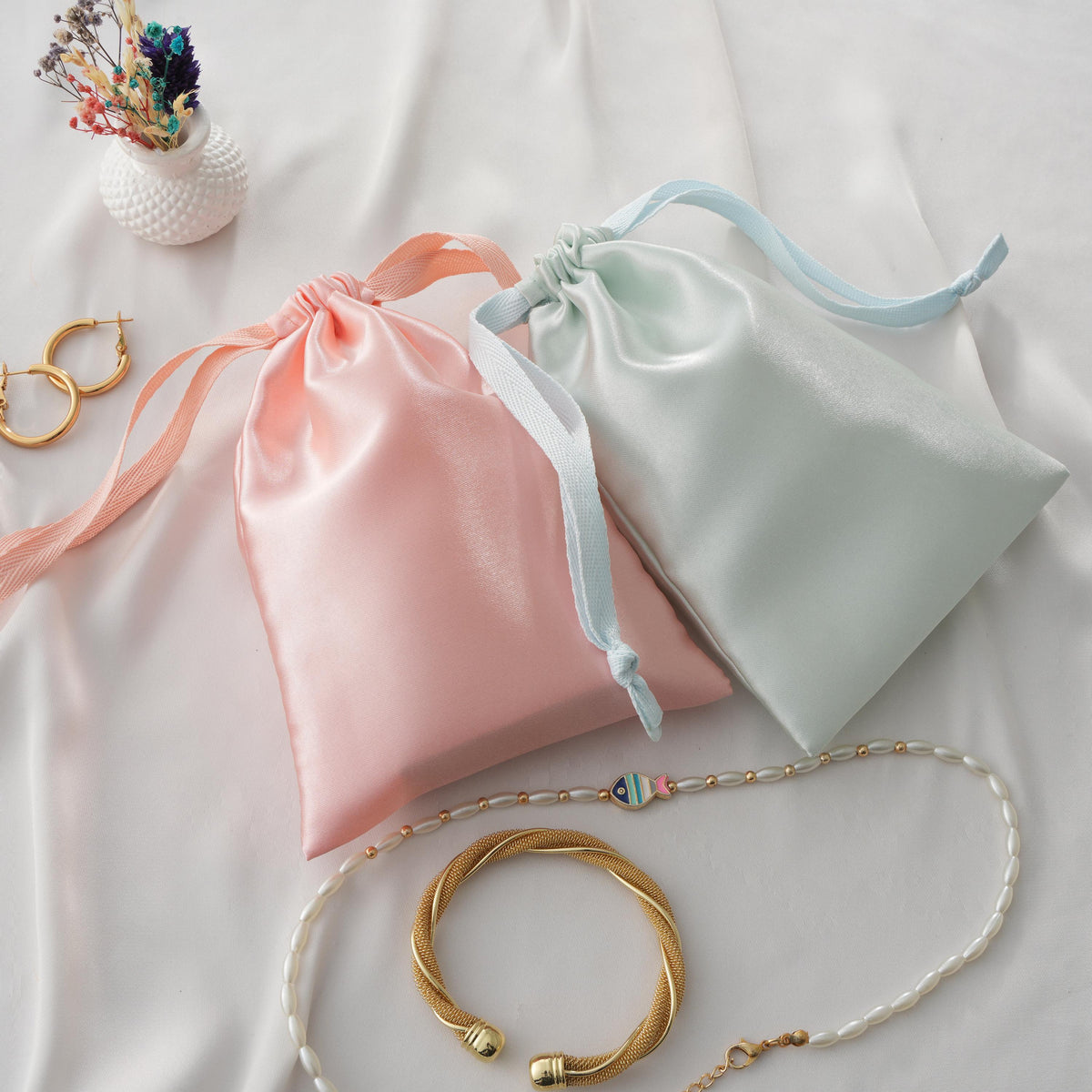50pcs Pink Satin Drawstring Bags, Bridesmaid Proposal Gift Pouches Bulk, Custom Boutique Packaging