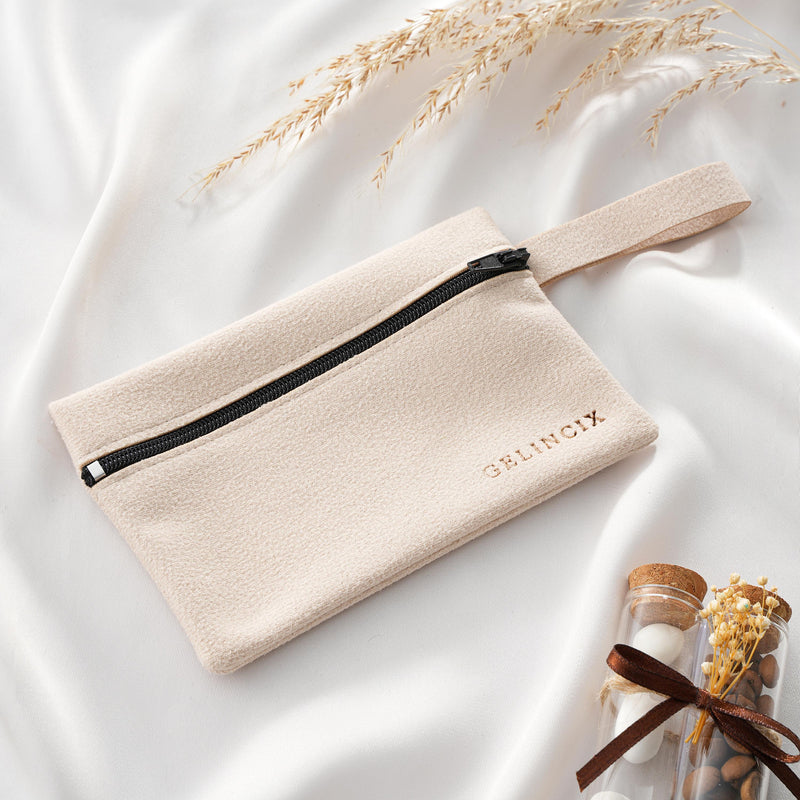 50pcs Wristlet Cosmetic Bags with Custom Logo, Suede Zipper Pouches Bulk, Beauty Brand Merch Packaging
