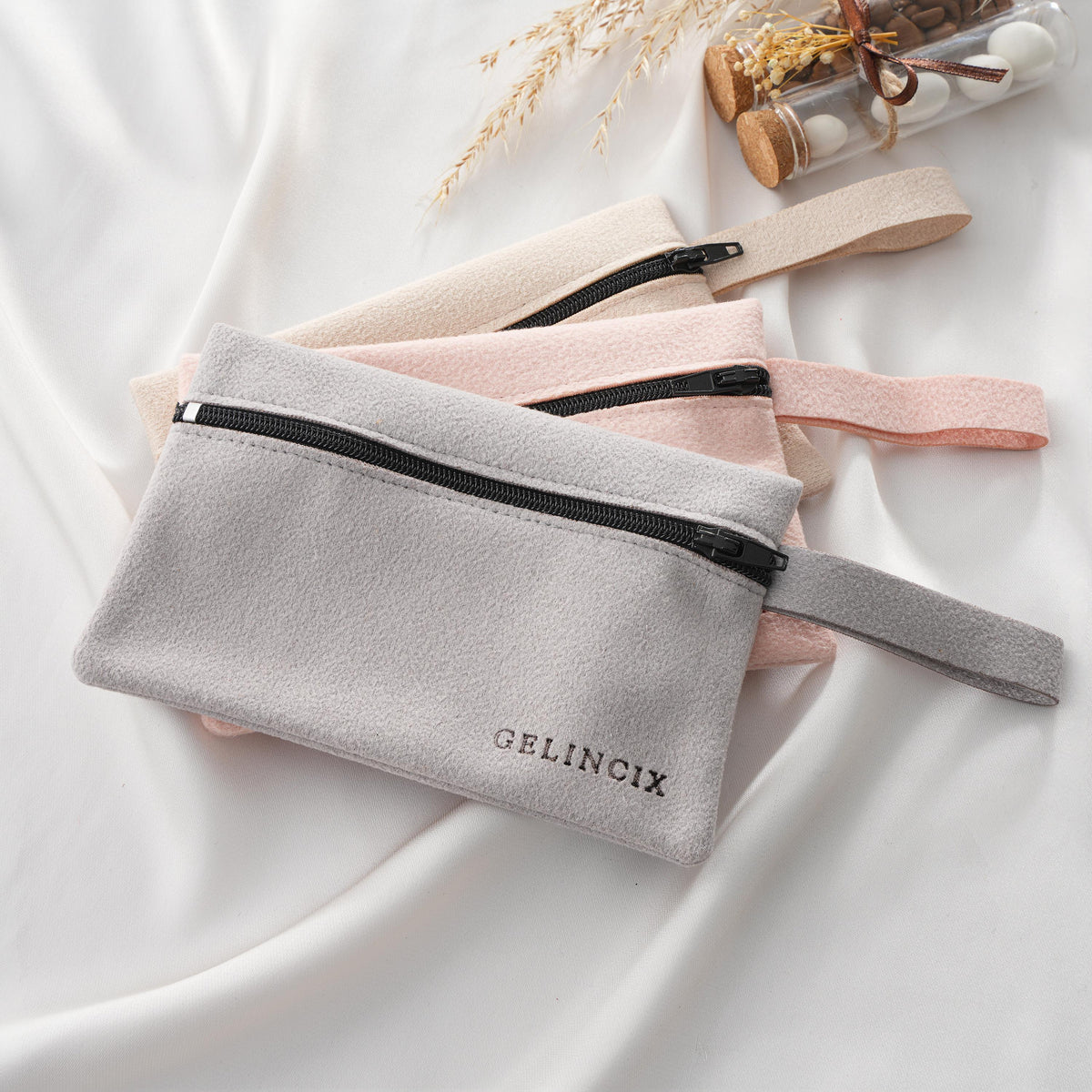 50pcs Wristlet Cosmetic Bags with Custom Logo, Suede Zipper Pouches Bulk, Beauty Brand Merch Packaging