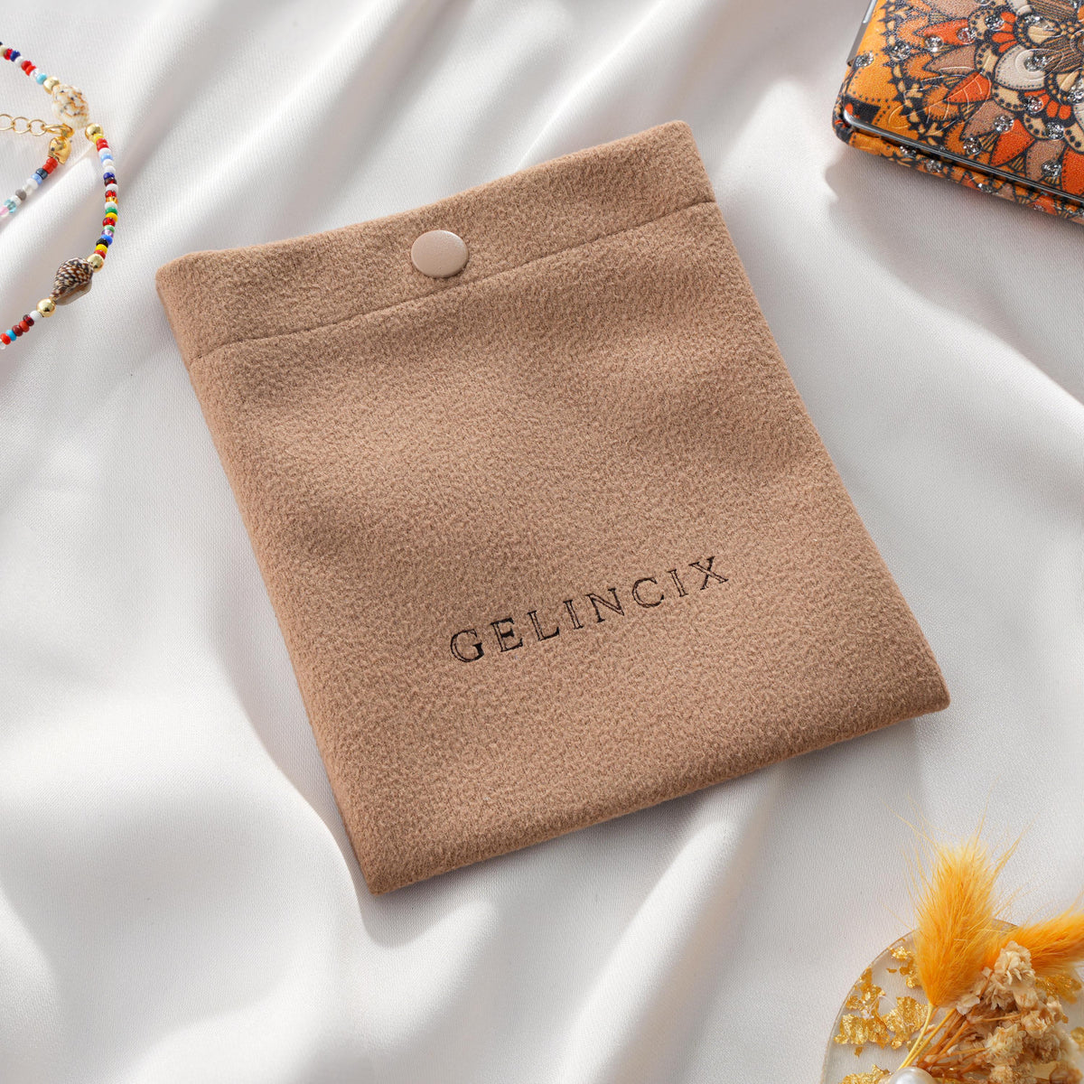 50pcs Snap Closure Jewelry Pouch with Logo Print, Vegan Suede Button Bag, Wholesale Boutique Packaging