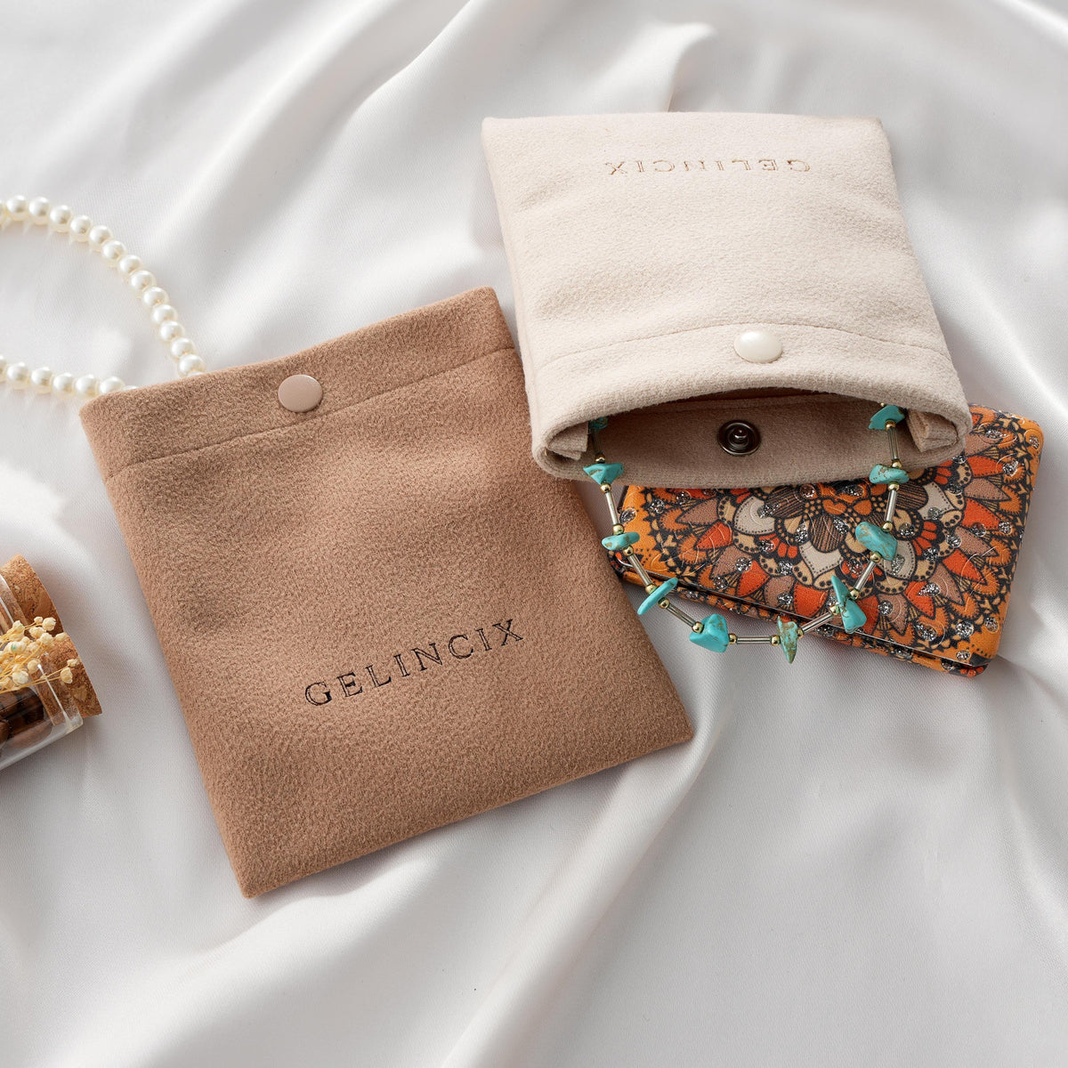 50pcs Snap Closure Jewelry Pouch with Logo Print, Vegan Suede Button Bag, Wholesale Boutique Packaging