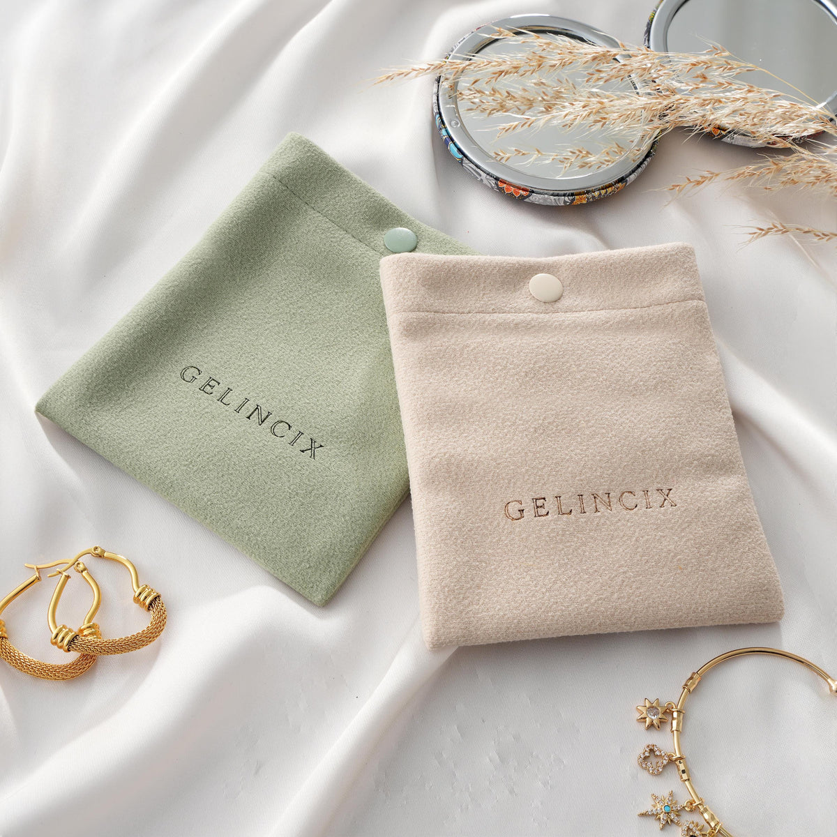 50pcs Snap Closure Jewelry Pouch with Logo Print, Vegan Suede Button Bag, Wholesale Boutique Packaging