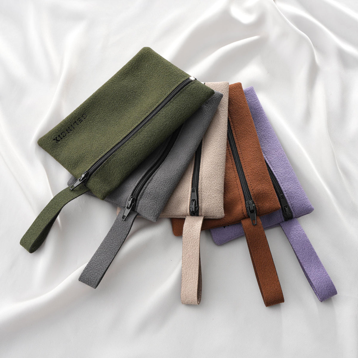 50pcs Wristlet Cosmetic Bags with Custom Logo, Suede Zipper Pouches Bulk, Beauty Brand Merch Packaging