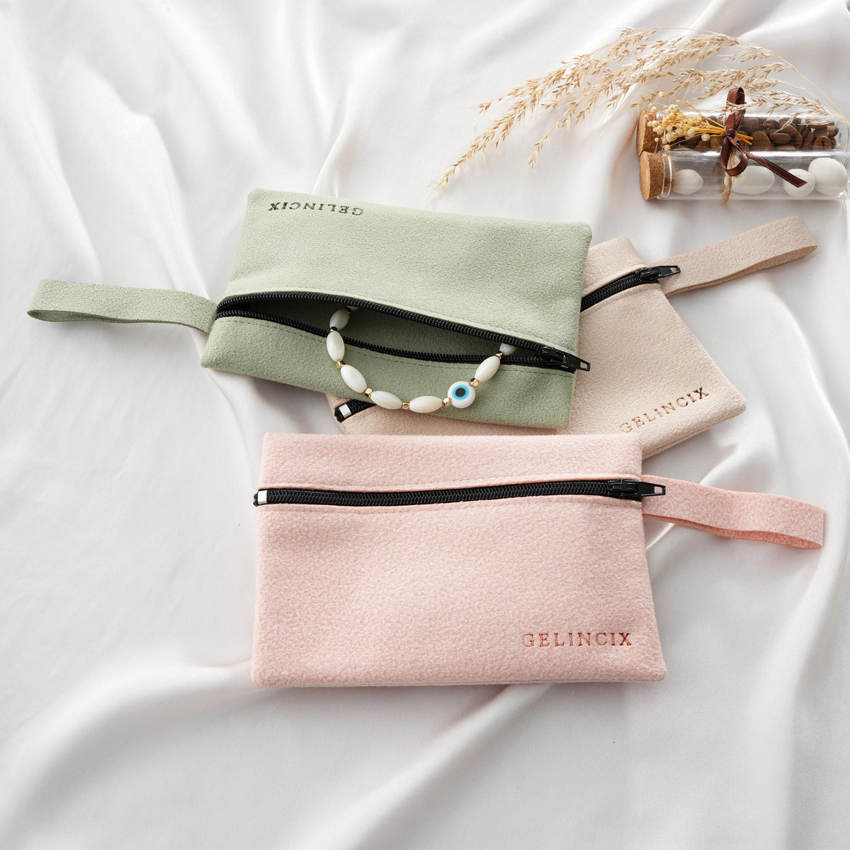 50pcs Wristlet Cosmetic Bags with Custom Logo, Suede Zipper Pouches Bulk, Beauty Brand Merch Packaging