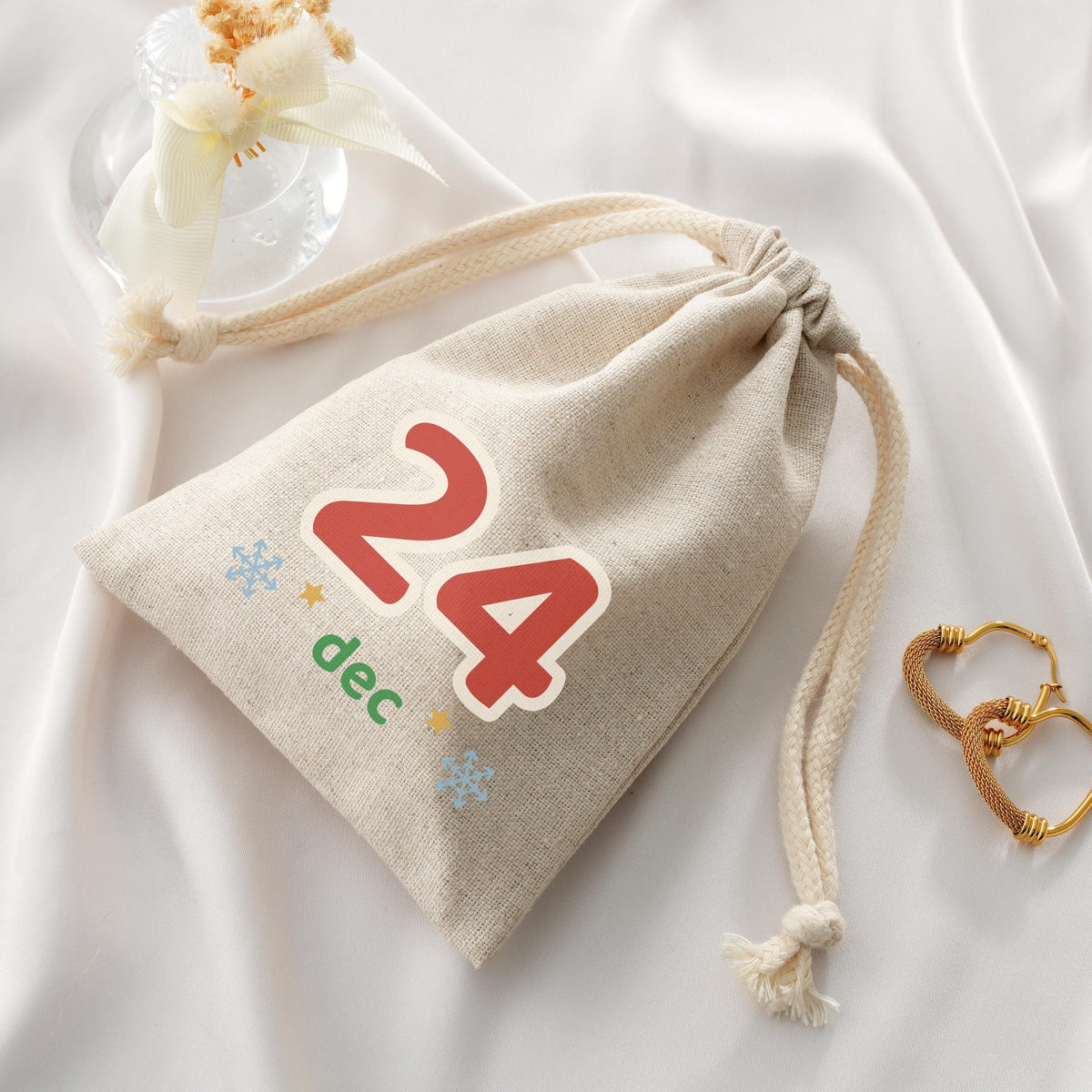 Linen Advent Calendar Bags Set of 24 for Kids, Reusable Christmas Countdown Drawstring Pouches, Custom Logo