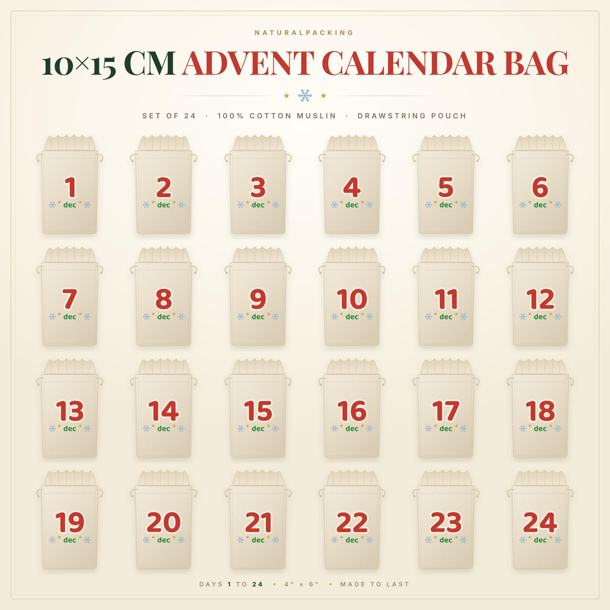 Linen Advent Calendar Bags Set of 24 for Kids, Reusable Christmas Countdown Drawstring Pouches, Custom Logo